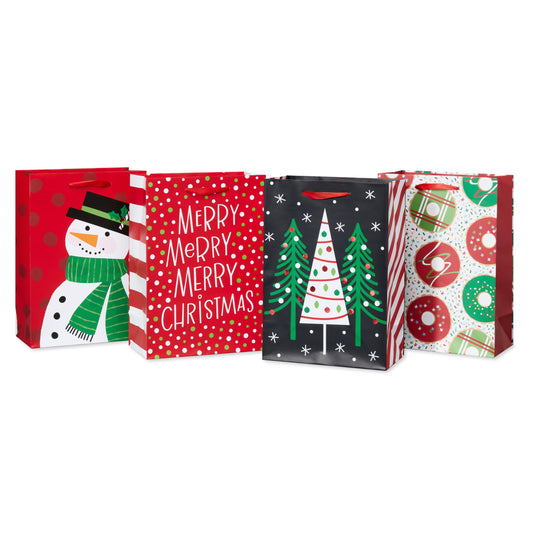 10" Medium Christmas Gift Bags, Red, White, Green and Black Winter Designs (4 Bags)