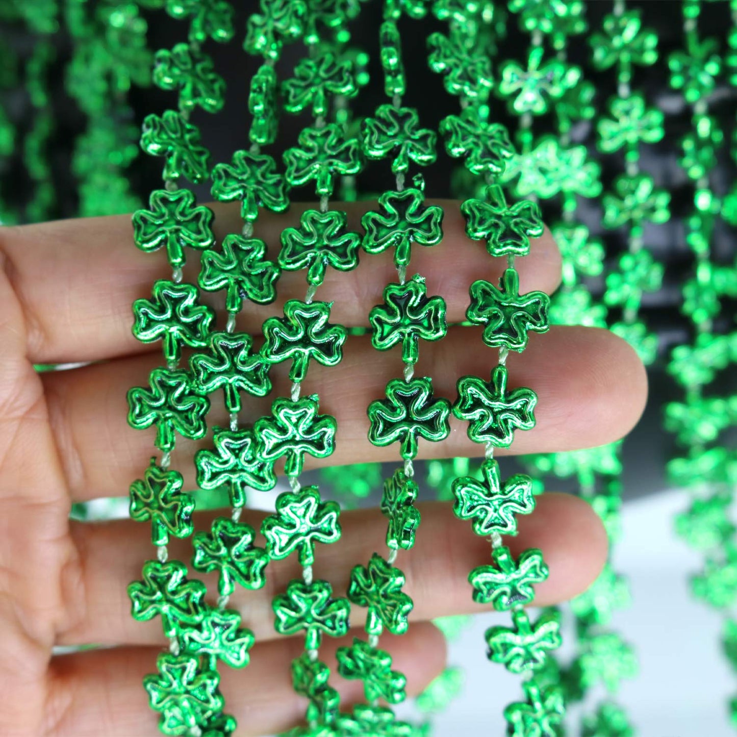 GiftExpress 12 pack of 33 St. Patricks Day Shamrock bead Necklaces, Mardi Gras Bead Necklaces, Matellic Green Shamrock Clover Bead Necklaces, Party Beads, Costume Jewelry