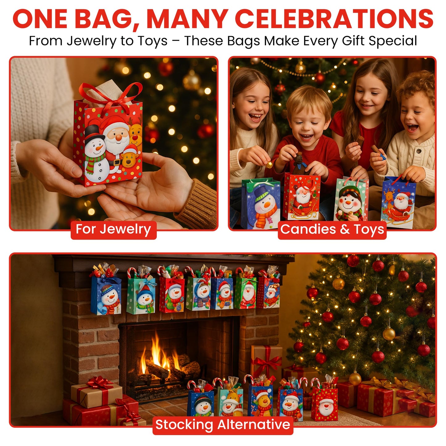 20-Pack Christmas Gift Bags, Small 4x6x2.5-Inch, Snowman Santa Reindeer, Ribbon Handles