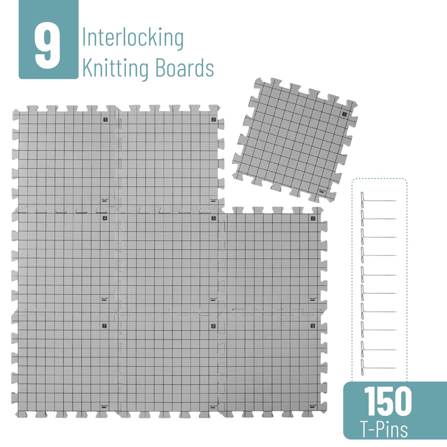Blocking Mats for Knitting & Crochet Projects, 12" x 12", 9 Pack with 150 pcs T-Pins, Gray Aligned Grid Knitting Blocking Mats and Pins, Water & Heat Resistant