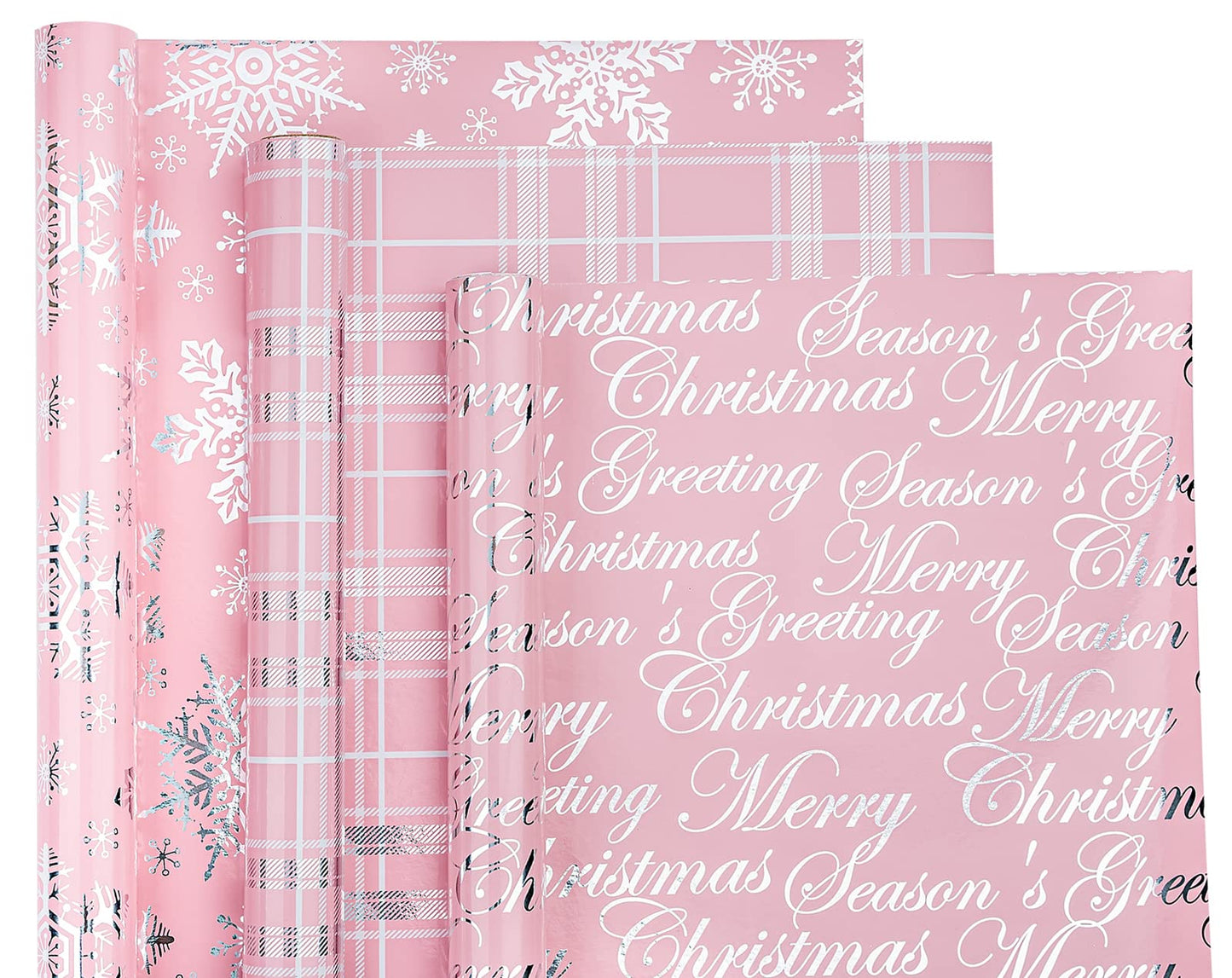 Christmas Wrapping Paper Roll - Mini Roll - 3 Rolls - 17 Inch X 120 Inch Per Roll - Pink with Silver Metallic Foil Snowflake, Plaid, Merry Christmas Lettering