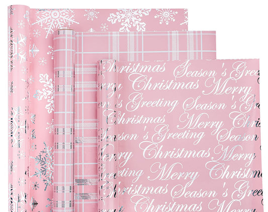 Christmas Wrapping Paper Roll - Mini Roll - 3 Rolls - 17 Inch X 120 Inch Per Roll - Pink with Silver Metallic Foil Snowflake, Plaid, Merry Christmas Lettering