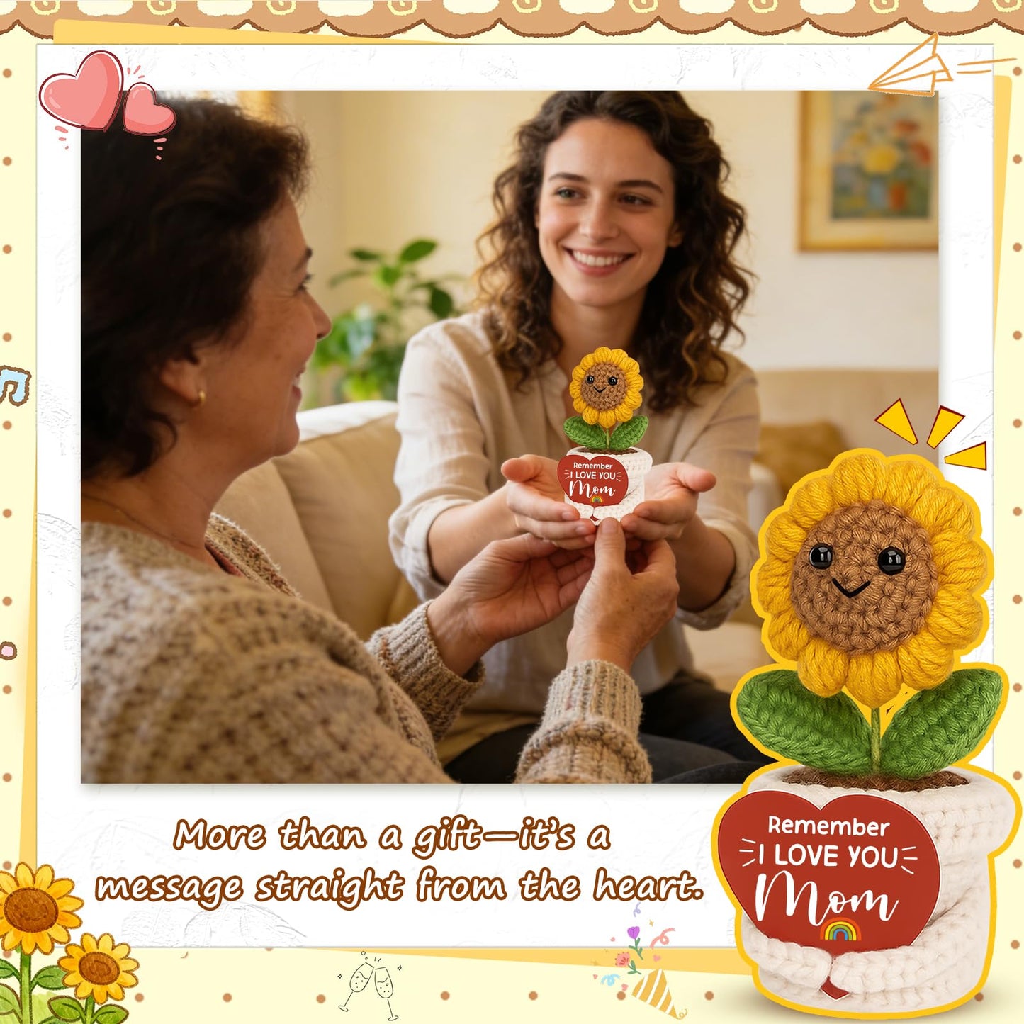Funny Birthday Gifts for Mom, Mom Gifts from Daughter Son, Handmade Crochet Sunflower Mother’s Day Best Gift for Mama, Grandma, Mini Gift for Mother in Law, Remember I Love You Moms sign for Daughters