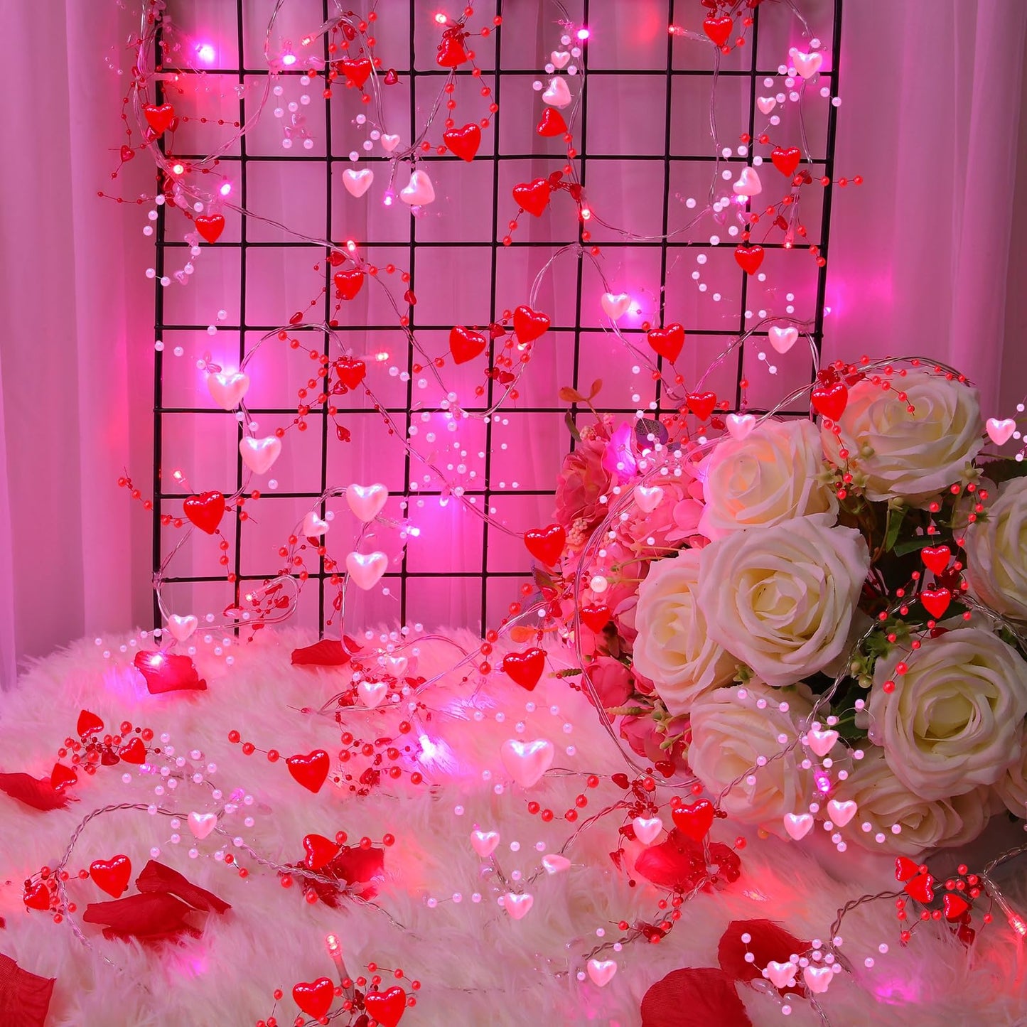 2 Pack Valentines Day Decorations Pink & Red Hearts Lights, Valentine Day Garland with Light Total 13Ft 40LED Beads Hearts String Light Battery Operated Valentines Day Lights for Home Bedroom