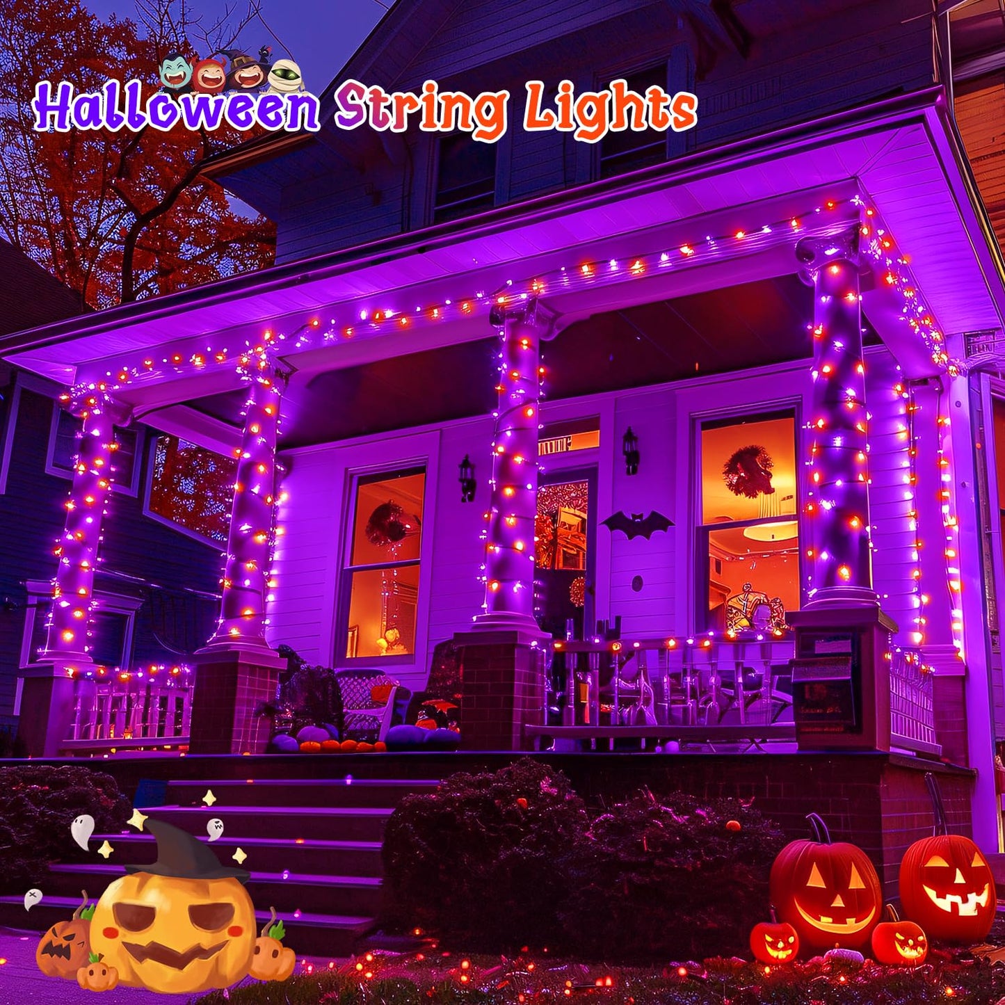 POTIVE 2 Pack Orange and Purple Halloween Lights, Total 151ft 400 LED Halloween Solar Lights Outdoor,8 Modes Solar String Lights Outdoor Waterproof