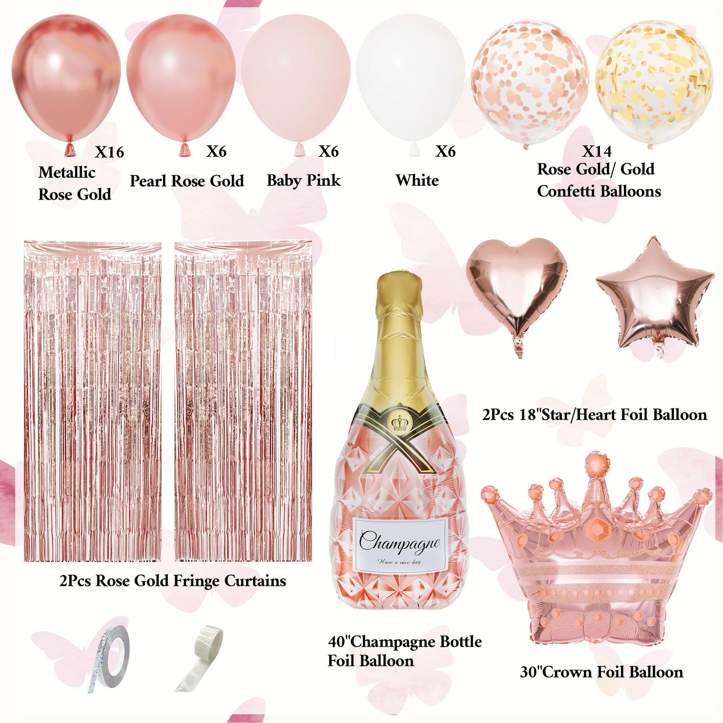Rose Gold Birthday Party Decorations Kit for Women Girls, Foil Confetti Rose Gold Balloon Pink Happy Birthday Banner Fringe Curtains Butterfly Decor Circle Dots Tassels Pompoms Party Supplies