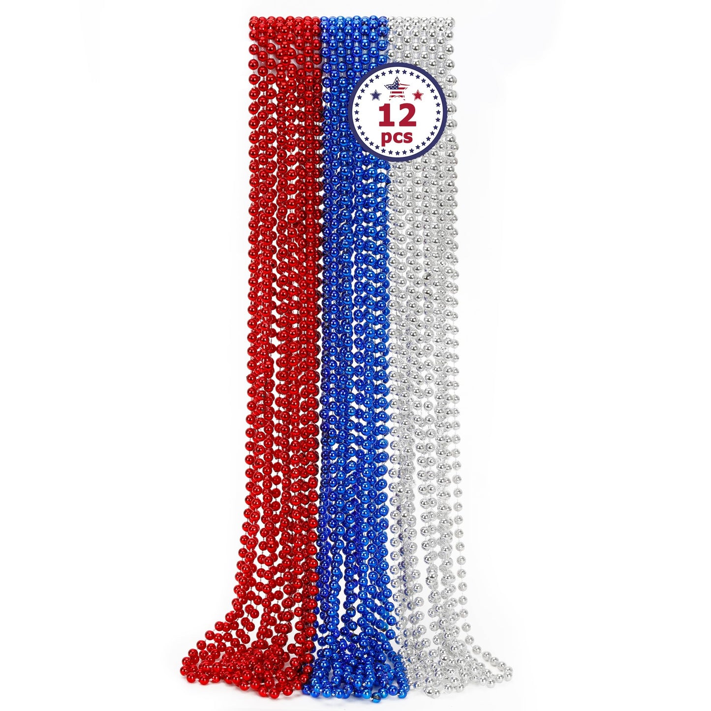 4th of July Party Favors, 12PCS Independence Day Beads Necklaces Bulk, Fourth of July Red Blue Silver Beads Necklace, Patriotic 4th of July Beads Bulk for Parade Party Celebration Favors Decorations