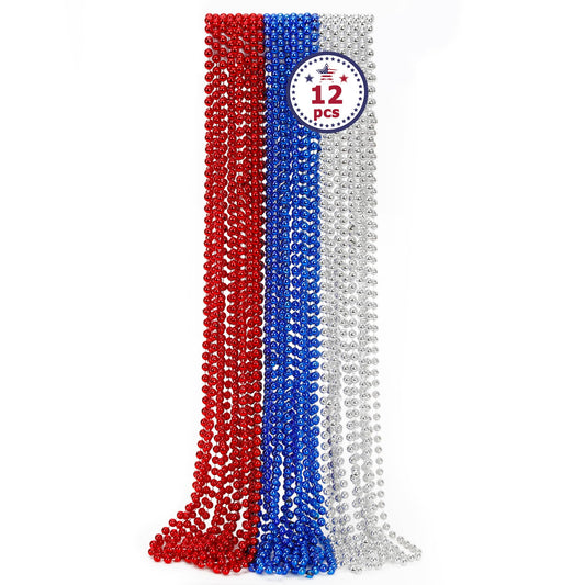 4th of July Party Favors, 12PCS Independence Day Beads Necklaces Bulk, Fourth of July Red Blue Silver Beads Necklace, Patriotic 4th of July Beads Bulk for Parade Party Celebration Favors Decorations