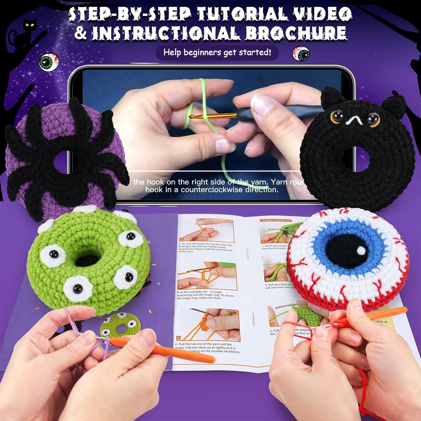Crochet Kit for Beginners, 4 PCS Donut Family Crochet Kit with Step-by-Step Video Tutorials, Beginner Crochet Kit for Adults and Kids, Donut Family Crocheting Set