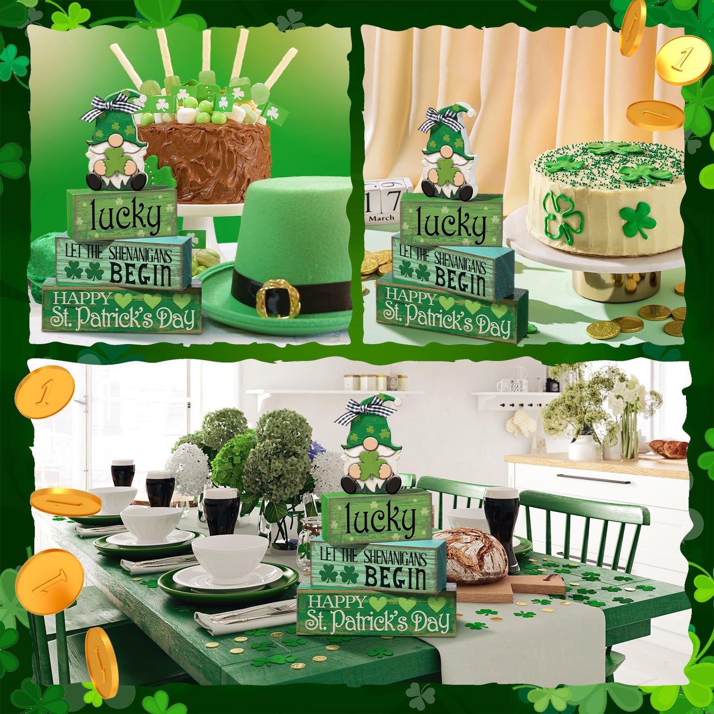 4 Pcs St. Patrick's Day Table Decoration Irish Tiered Tray Decor Wooden Gnome Shamrocks Block Signs Happy St. Patrick's Day Centerpiece for Tables Irish Wooden Sign for Home Decor