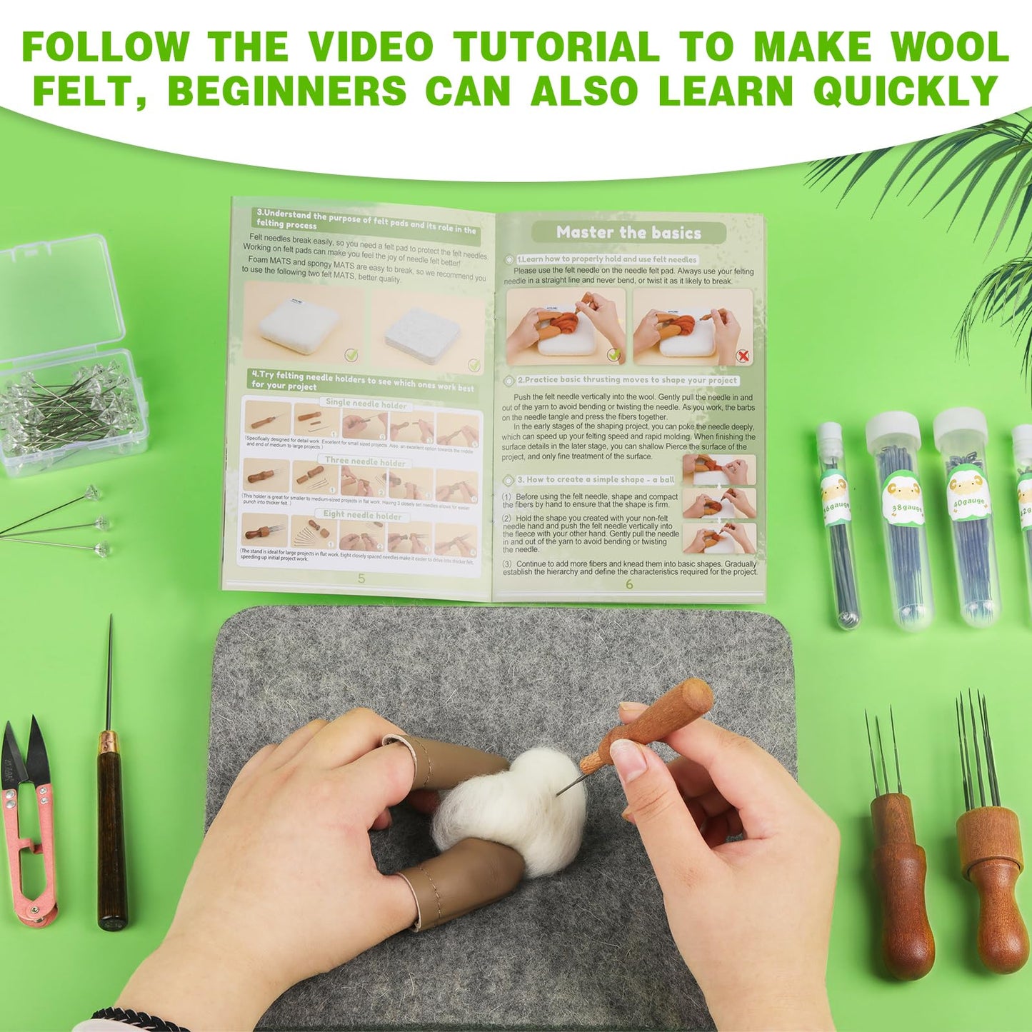 Needles Felting Tools, 8"x10" Felting Pad, Large Needle Felting Mat, 90 Pcs Felting Needles, Felting Supplies with Wood Handles & Wool Needles for DIY Crafts