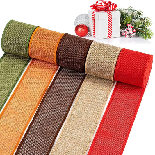 5 Colors Wreaths Burlap Ribbon - Total 27.3yards Christmas Xmas Wired Edge Ribbon for Gifts Wrapping Bows Rustic Crafts Supplies Weddings Holiday Fall Decorations (2.4in Wide)