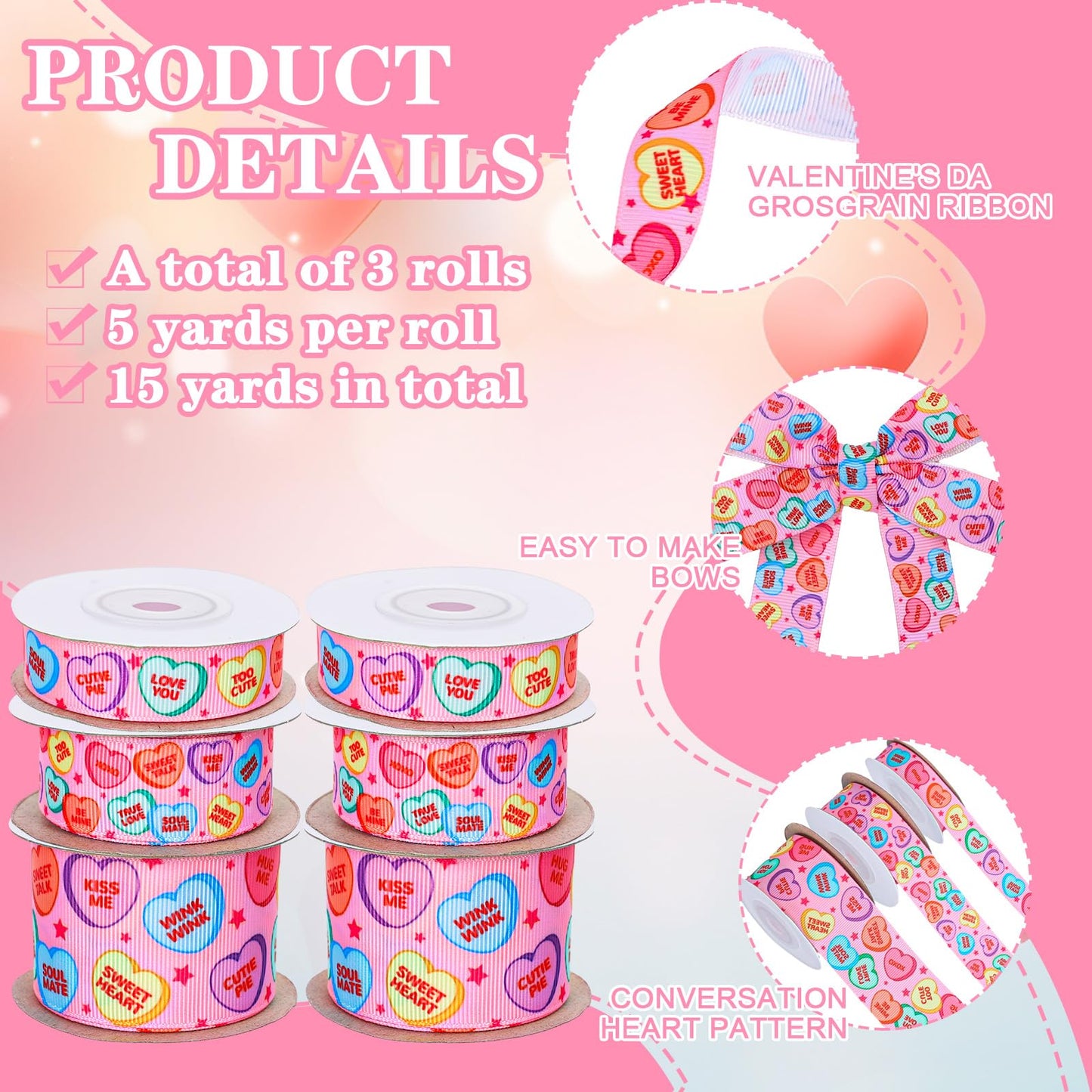 3 Rolls Valentine's Day Grosgrain Ribbon Conversation Heart Grosgrain Ribbon Candy Heart Craft Ribbon for Gift Wrapping Floral Arrangement Wreath Bow DIY Crafts Decor, 15 Yards