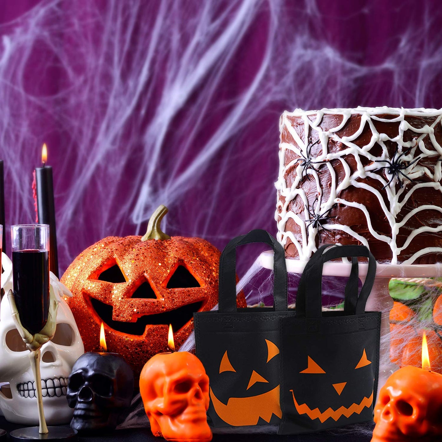 Elcoho 30 Packs Halloween Trick or Treat Non-woven Bags Pumpkin Bag Party Goody Tote Bags Gift Bag with Handles Party Favors, 8 by 8 Inches, 10 Styles