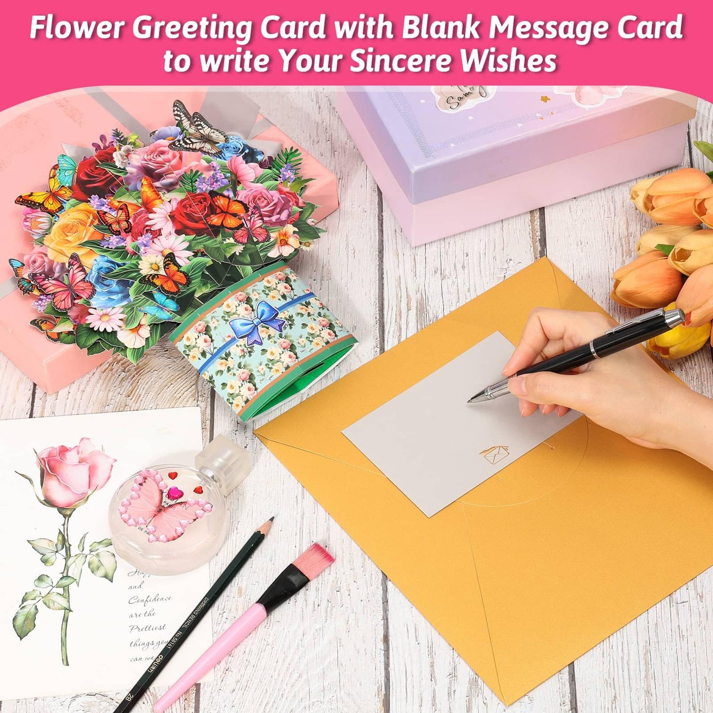 8 Pack Paper Flower Pop Up Cards, Flower Bouquet Card Popup 3D Greeting Cards for Mother's Day, Graduation, Anniversary, Birthday, Congratulations, Get Well, Home Decor, with Envelope and Note