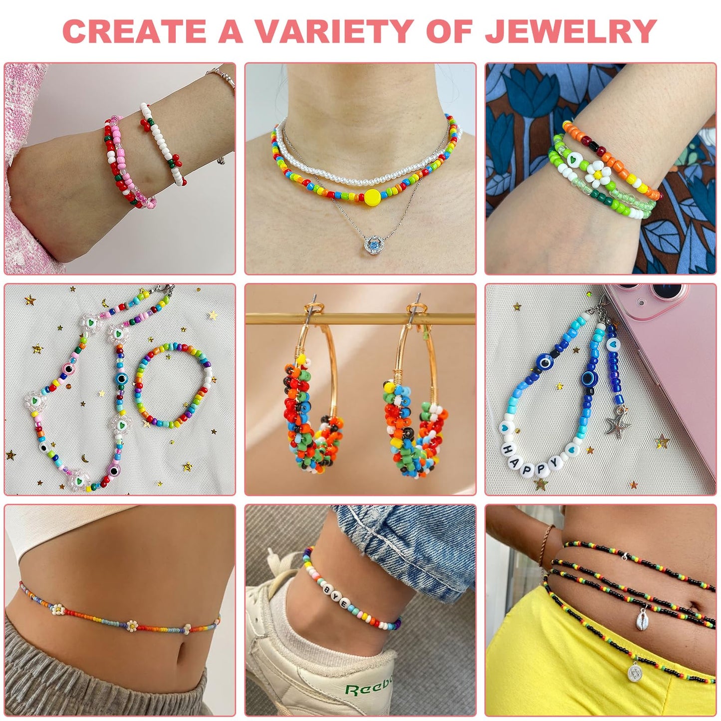 Redtwo 3400pcs 4mm Glass Seed Beads for Jewelry Bracelet Making Kit, Small Beads Friendship Bracelet Kit, Tiny Waist Beads Kit with Letter Beads and Elastic String, DIY Art Craft Girls Gifts.