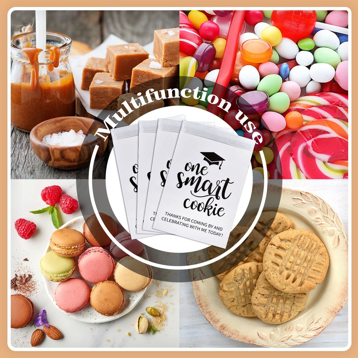 Whaline 100 Pack 2026 Graduation Candy Cookie Gift Bags One Smart Cookie Self-Adhesive Buffet Treat Bag Congrats Grad White Kraft Paper Treat Gift Bags for Graduation Party Decoration Supplies