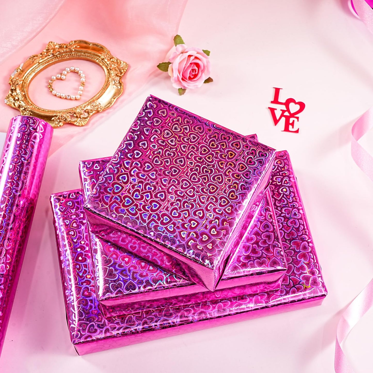 Heart Wrapping Paper Roll - Mini Roll - 17 Inch x 16.5 Feet - Hot Pink Little Heart Metallic Holographic Wrapping Paper for Valentines Day, Birthday, Wedding, Baby Shower, Bridal Shower