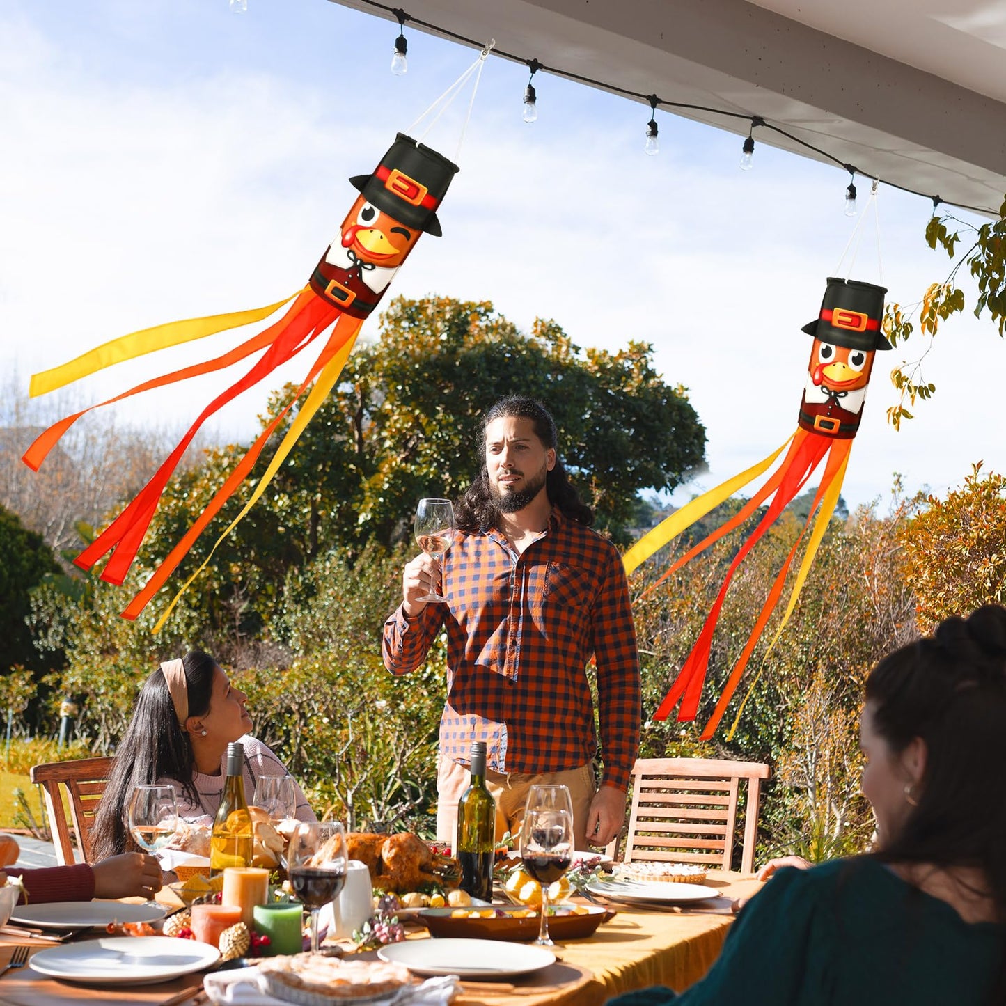 2 Pcs 40 Inch Turkey Windsocks, Fall Turkey Wind Sock Thanksgiving Outdoor Hanging Flag Autumn Outside Decorations for Garden Lawn Yard Balcony Patio Decor