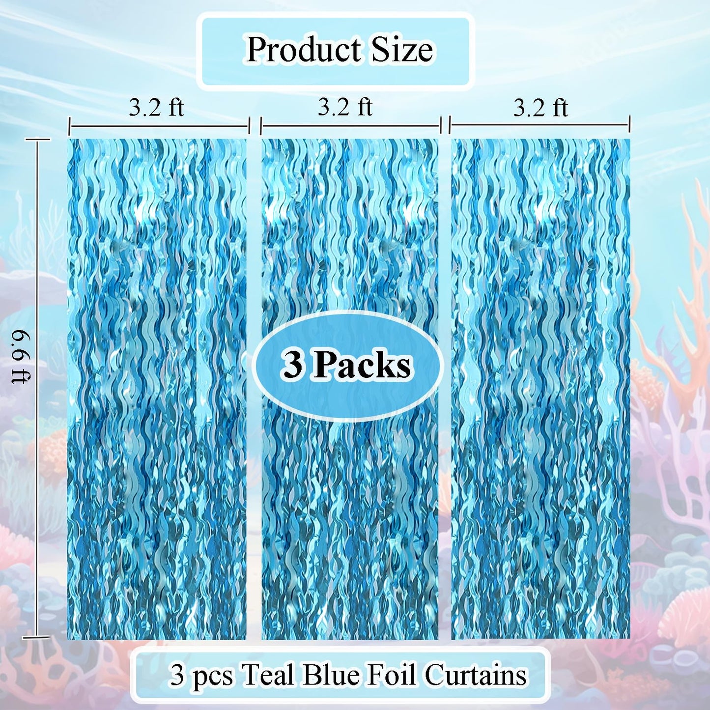 Wavy Tinsel Foil Fringe Curtains 3 pcs Teal Blue Backdrop for Mermaid Birthday,Under The Sea Party,Baby Shark Birthday Decorations(3.2 ft x 6.6 ft)