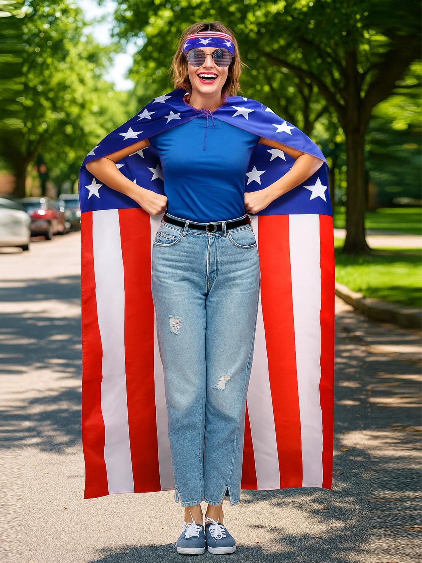 Frienda American Flag Costume Cape, 4th of July 250th Retro 80's USA Sunglasses and Flag Headband for 250th Anniversary(Popular Style)