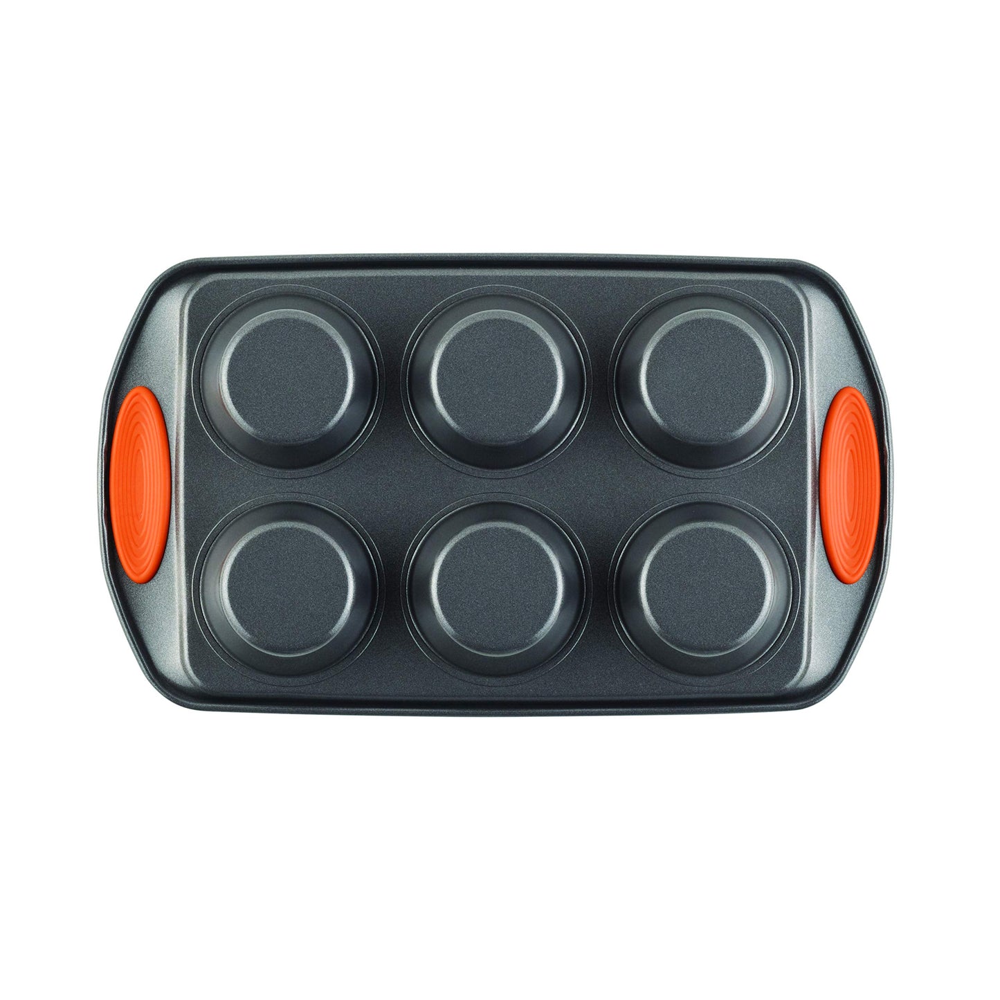 Rachael Ray Yum-o! Nonstick Bakeware Oven Lovin’ Cups Muffin Pan, 6-Cup, Gray with Orange Handles