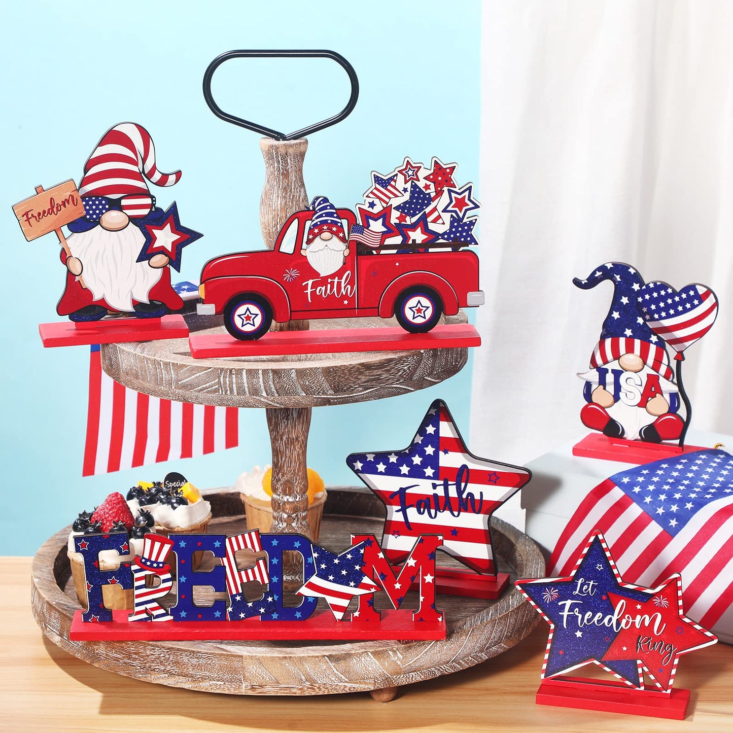 Qunclay 6 Pieces Patriotic Table Decor Memorial Day Table Decorations Wooden Gnome Freedom Truck Star 4th of July Table Signs for Veterans Day Independence Day Table Topper Decor Supplies (With Base)