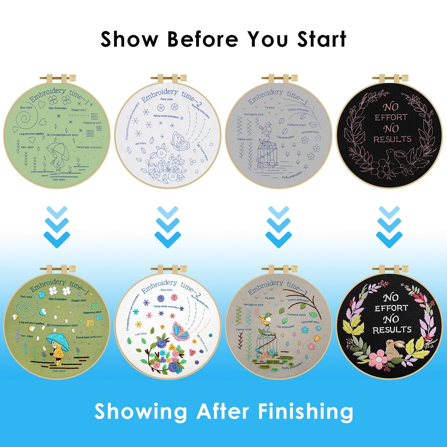 4 Pack Beginner Embroidery Kits for Adults DIY Starter Kit with 33 Stitch Techniques, Stamped Patterns, Embroidery Hoop, Colorful Threads, Tools, Step by Step Instructions & Video Tutorial