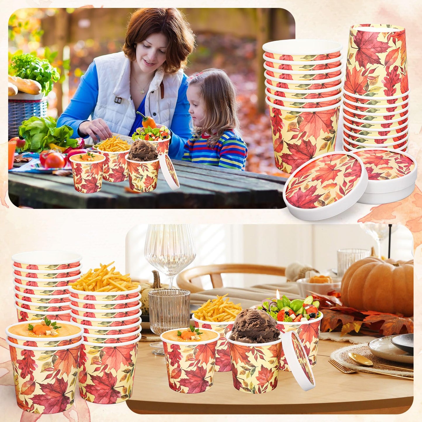 50Pcs 12Oz Fall Maple Leaf Kraft Paper Soup Containers with Lids Autumn Paper Food Bows Disposable Cups for Thanksgiving Party Storing Food Carrying Out