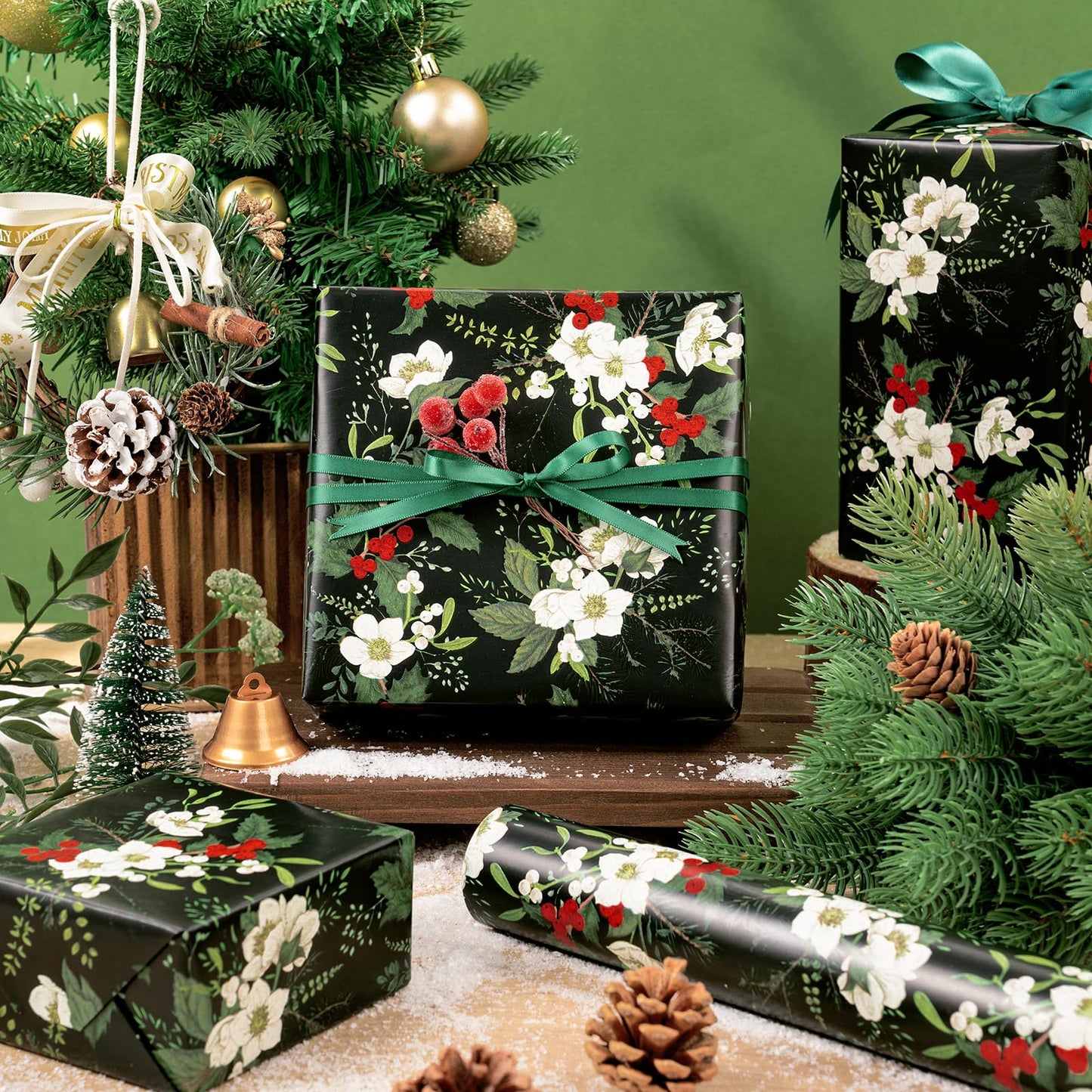 Christmas Wrapping Paper - Mini Roll - 17 Inch x 33 Feet - White Floral Wrapping Paper with Green Leaves and Red Berries for Xmas Holiday, Party Celebration