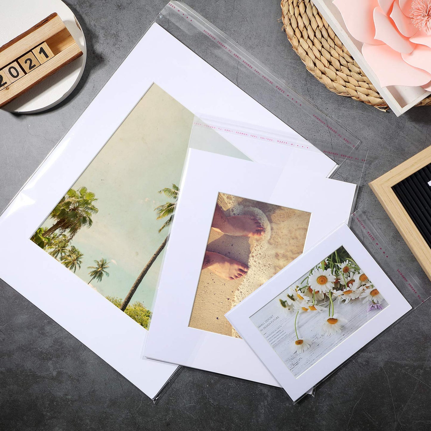 12 Sets White Picture Mat Set, 5" x 7", 8" x 10", 11" x 14" Photo Frame Mattes with White Core Bevel Cutting Mat Board and 20 Transparent Bags for Packaging Photo Picture Artwork