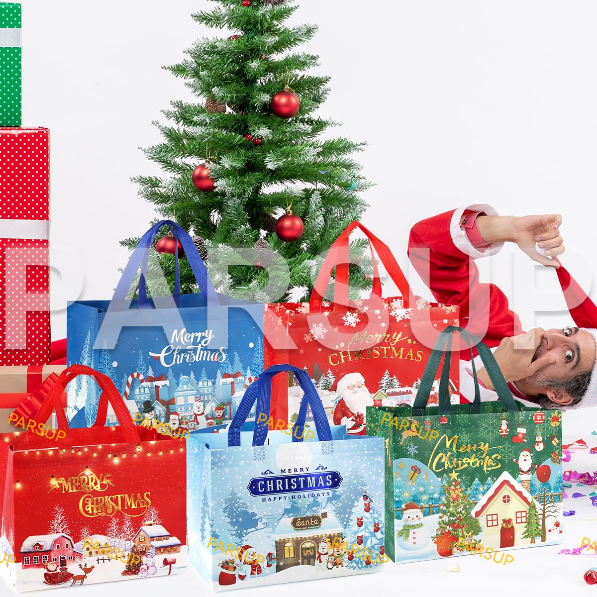 8PCS Christmas Gift Bags, Bronzing Christmas Tote Bags with Handles, Treat Bags, Multifunctional Non-Woven Bags for Gifts Wrapping Shopping, Xmas Basket Party Supplies, 12.8"×9.8"×6.7"