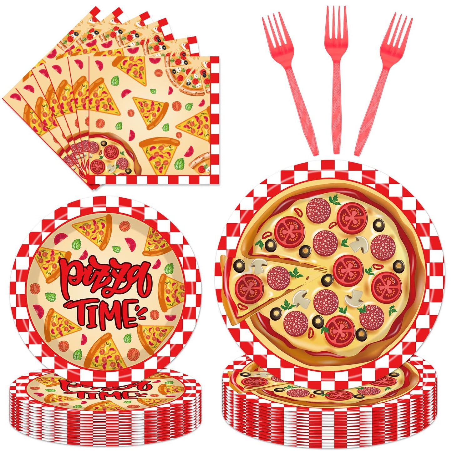 EngoEagle Pizza Plates and Napkins Party Supplies - 96PCS Pizza Birthday Party Decorations Pizza Time Pizza Themed Disposable Tableware Set Serves 24 Guests