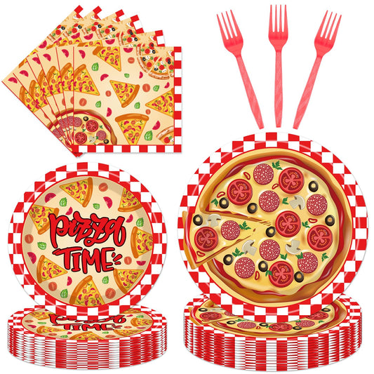 EngoEagle Pizza Plates and Napkins Party Supplies - 96PCS Pizza Birthday Party Decorations Pizza Time Pizza Themed Disposable Tableware Set Serves 24 Guests