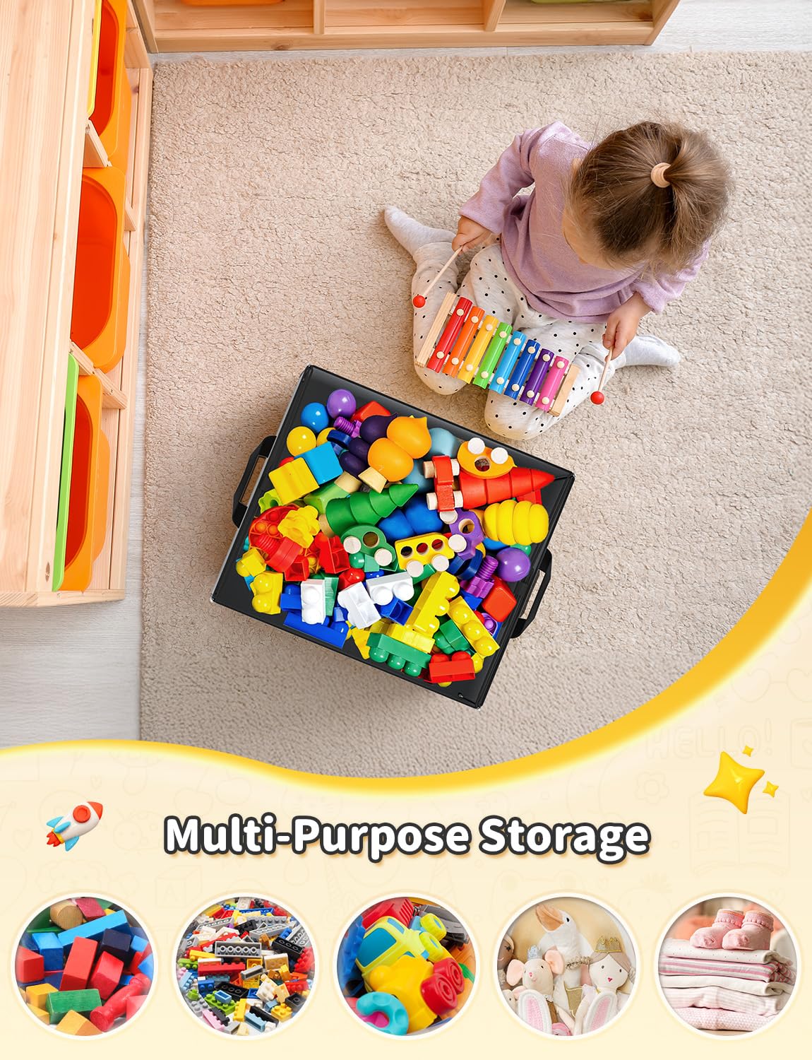 Toy Storage Organizer & Play Mat 43.3", Large 15×13×13" Collapsible Storage Cube Bin with Handles for Building Bricks, Boys, Girls, Playroom, Nursery (M, Black)