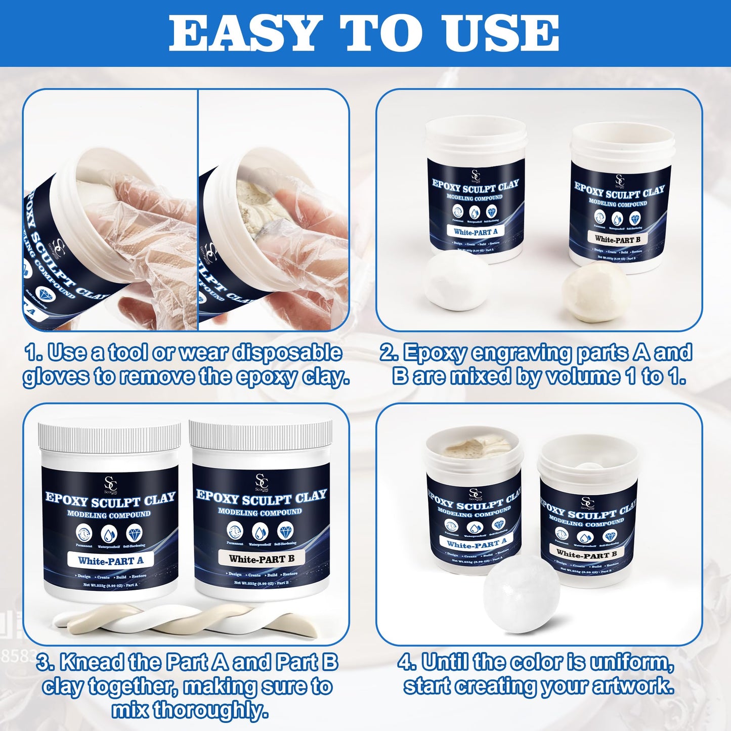 Epoxy Putty Sculpt Clay, 2 Part A & B for Sculpting, Modeling, Building, and Repairing, 1 Pound, White