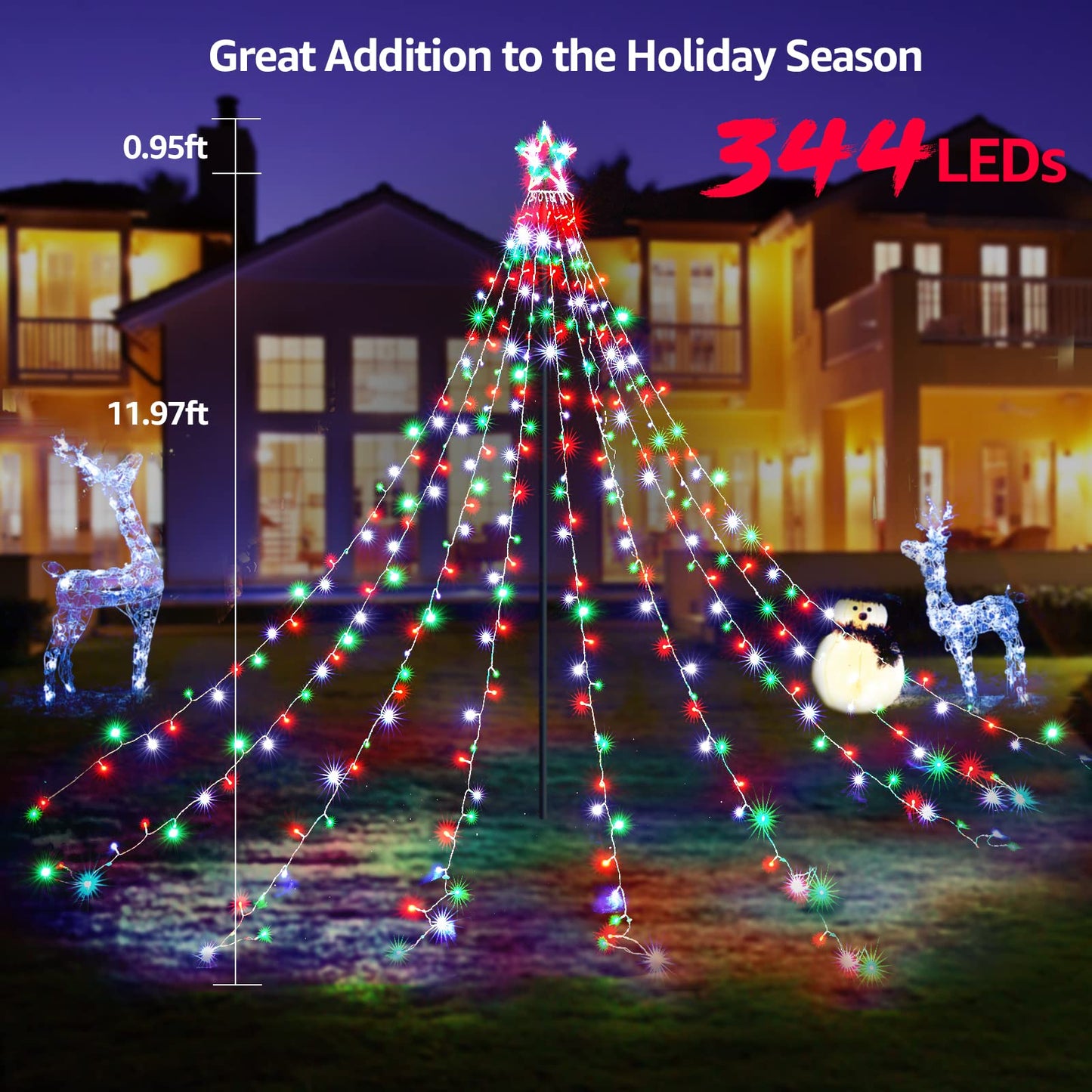 Outdoor Christmas Lights 344 LED Christmas Star Lights with 9 Strands 11.9ft Waterfall Tree Lights, 8 Modes, Waterproof & Timer for Garden Yard Patio Outdoor Xmas Decorations，Red Green White