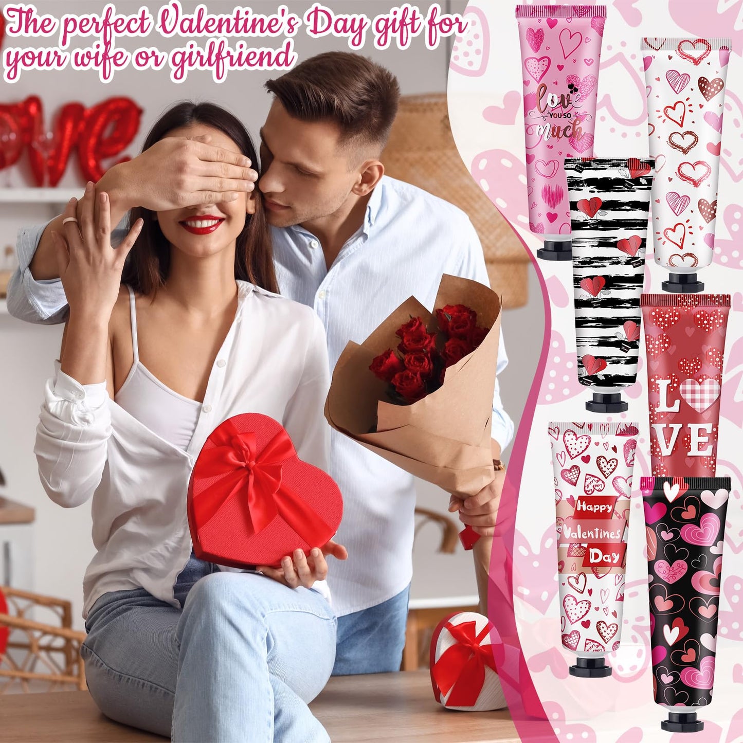 12 Sets Valentine‘s Day Hand Cream Lip Balm Bulk Gifts Galentine's Day Gift Valentine Party Favor Love Heart Travel Size Moisturizing Hand Lotion for Women Coworker Teacher Nurse, 30 ml