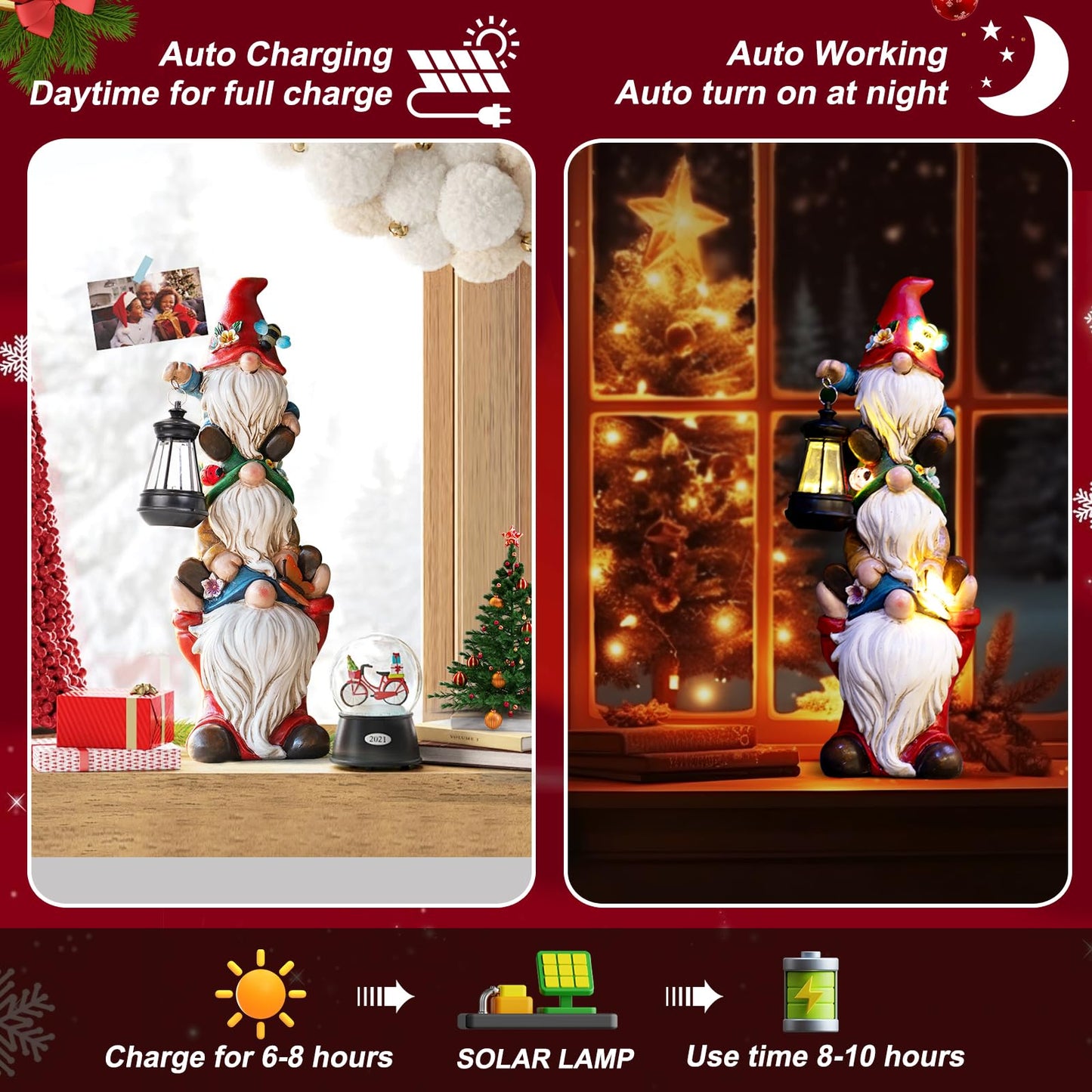 Christmas Gnome Statue with Solar Lights Garden Sculptures Funny Triple Gnome Outdoor Patio Lawn Yard Balcony Home Decor Birthday Gift for Woman Grandma 12 in Garden Gnome