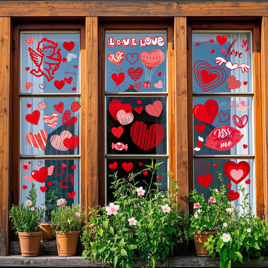 Valentines Day Window Clings Decor, Valentines Day Decorations, Red Heart Stickers for Home, Office, Classroom, Romantic Cupid Decals Décor, 9 Sheets