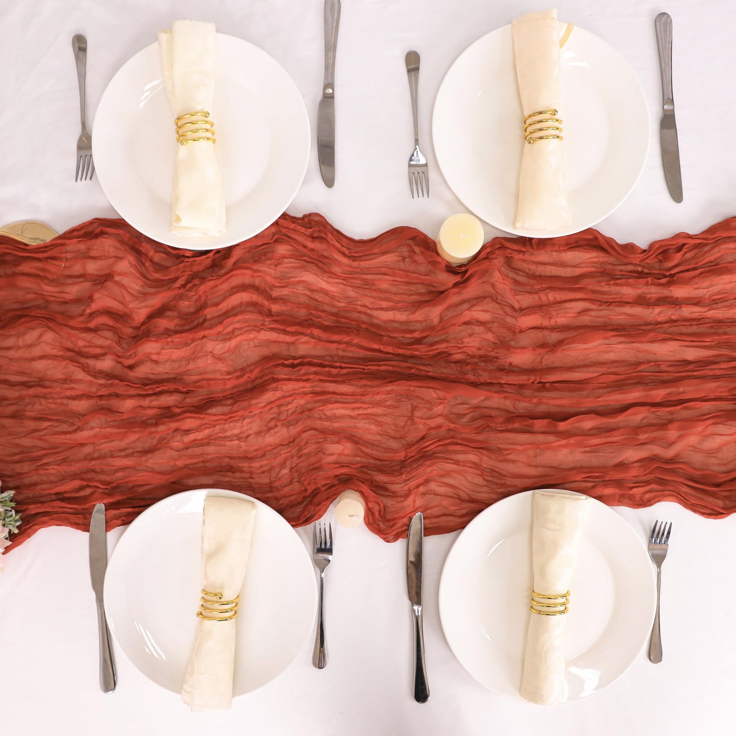 Snowkingdom 13Ft Terracotta Cheesecloth Table Runner, 160inch Long Rust Cheese Cloth Boho Gauze Runner for Wedding Bridal Shower Rustic Sheer Fall Thanksgiving Table Decorations