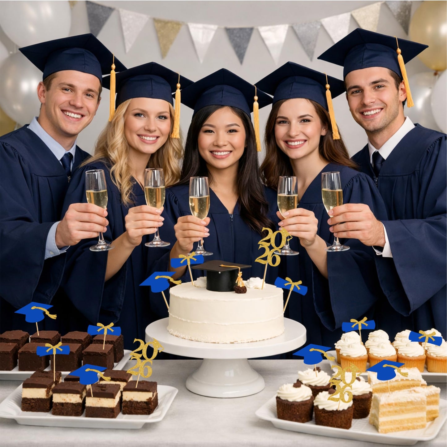 OHOME Graduation Decorations 2026-36 PCS Graduation Cupcake Toppers - 2026 Graduation Party Decorations - Mini Cake Decorations for Class of 2026,Diploma, 2026, Grad Cap Set (Blue)