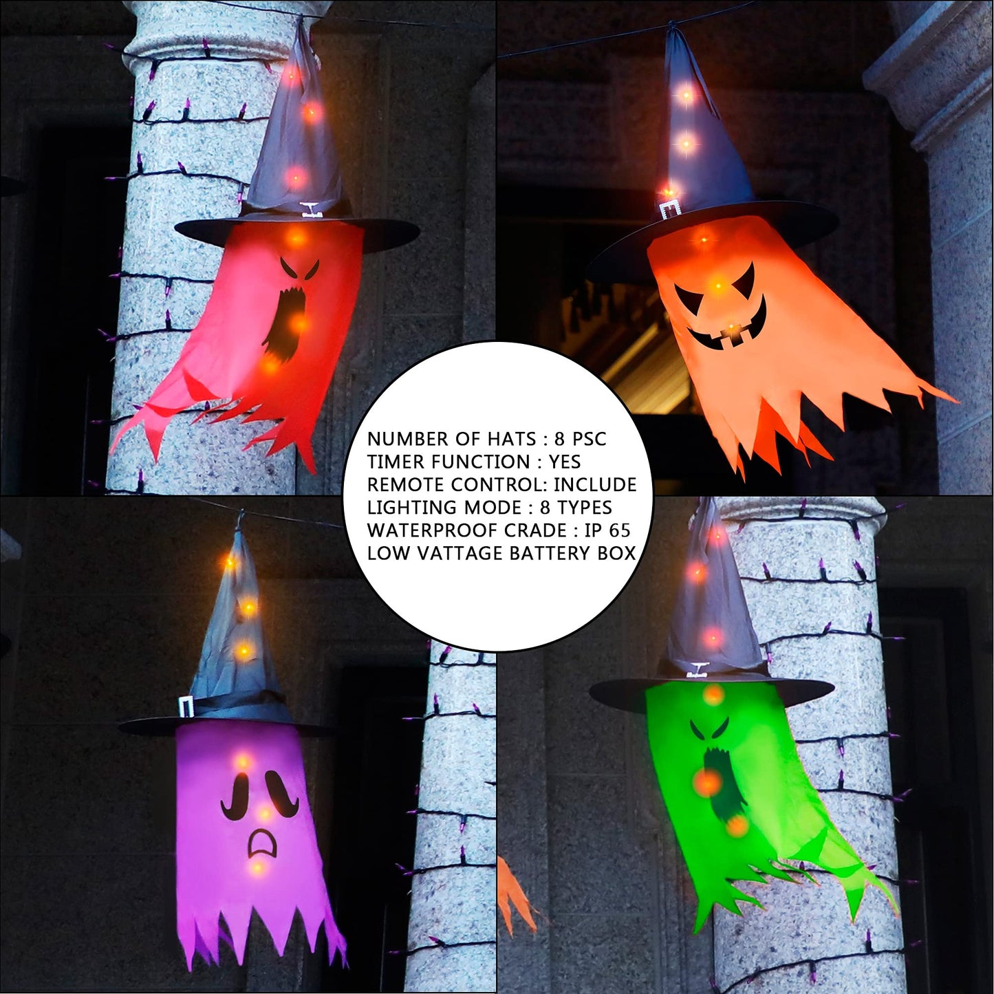 Twinkle Star Halloween 8 Pcs Lighted Hanging Witch Ghost Hats Decorations, Halloween Indoor Outdoor Remote Control String Lights 8 Lighting Modes, Glowing Witch Hat for Garden, Yard, Tree