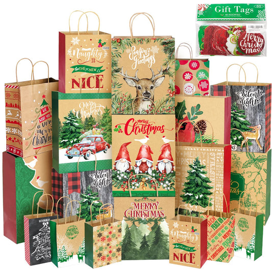 Party Funny 24 Kraft Christmas Gift Paper Bags Bulk with handles and 60 Count Christmas Gift Tags-Assorted sizes set for Wrapping Xmas Holiday Presents(6 Jumbo,6 Large,6 Medium,6 Small)