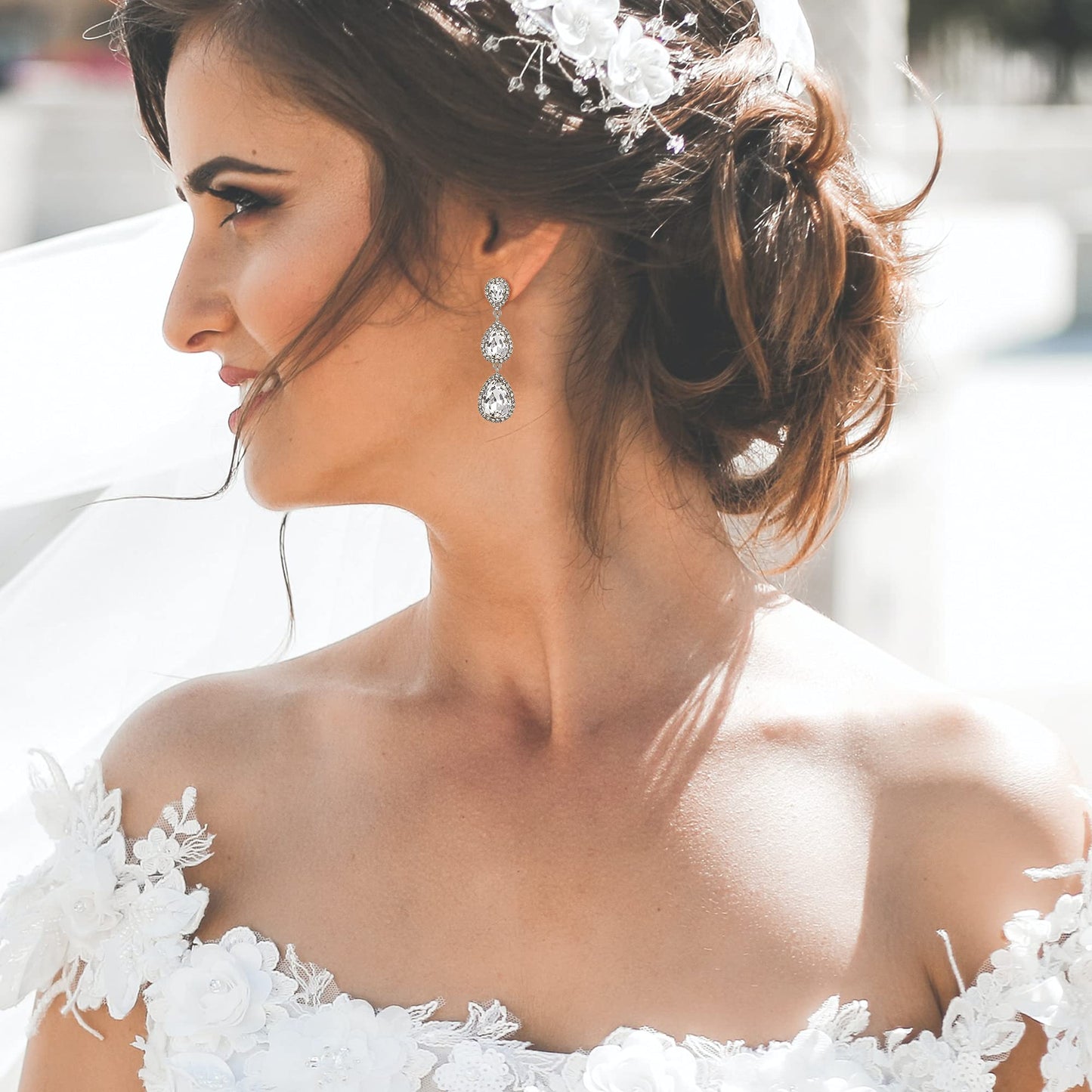 EleQueen Women's Silver-tone Austrian Crystal Tear Drop Pear Shape Long Dangle Earrings Silver-tone Clear