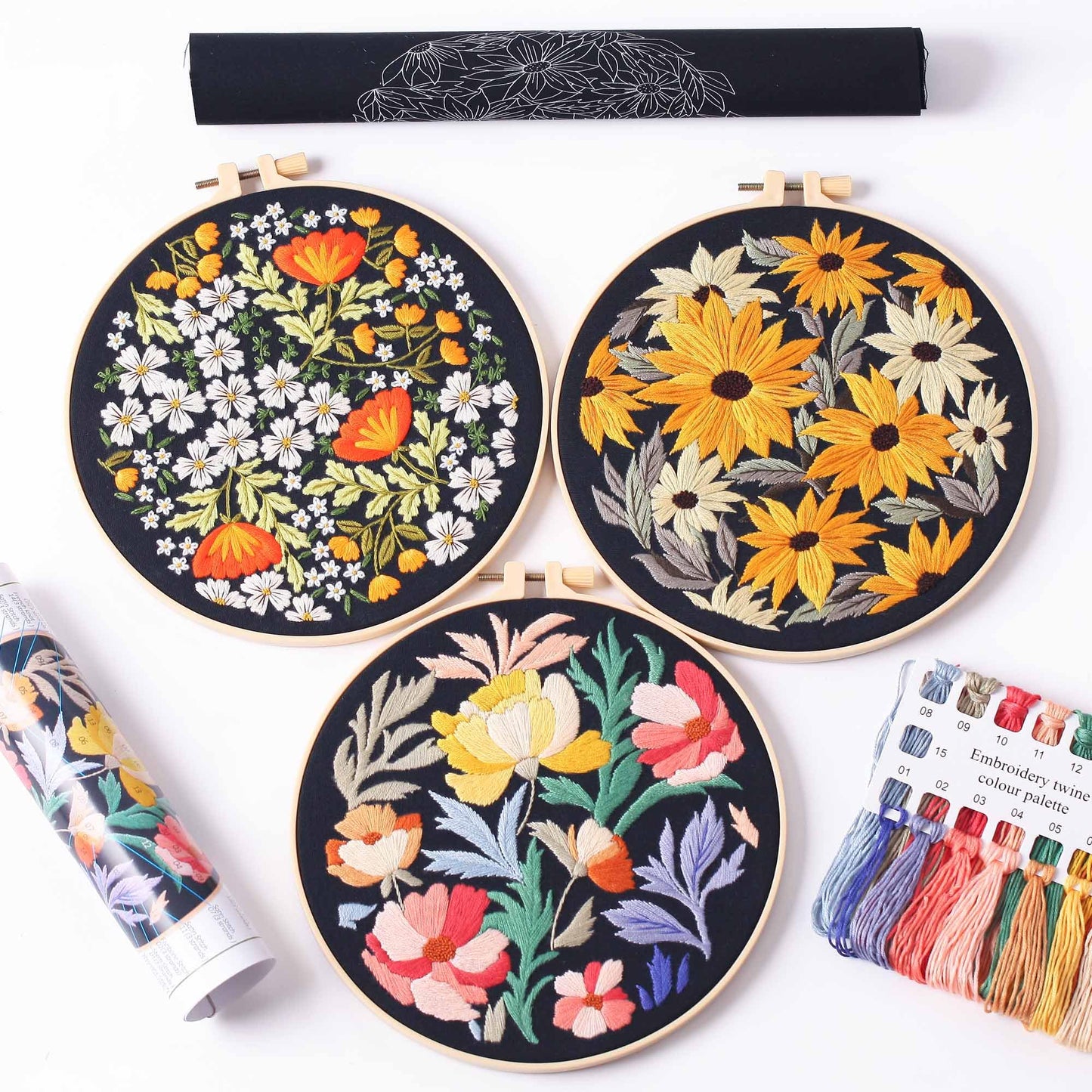 REEWISLY 3Pcs Embroidery Starter Kit with Patterns and Instructions, DIY Adult Cross Stitch Kits Beginner, Including 3 Plastic Embroidery Rings, 1 Scissors, Colored Threads and Needles
