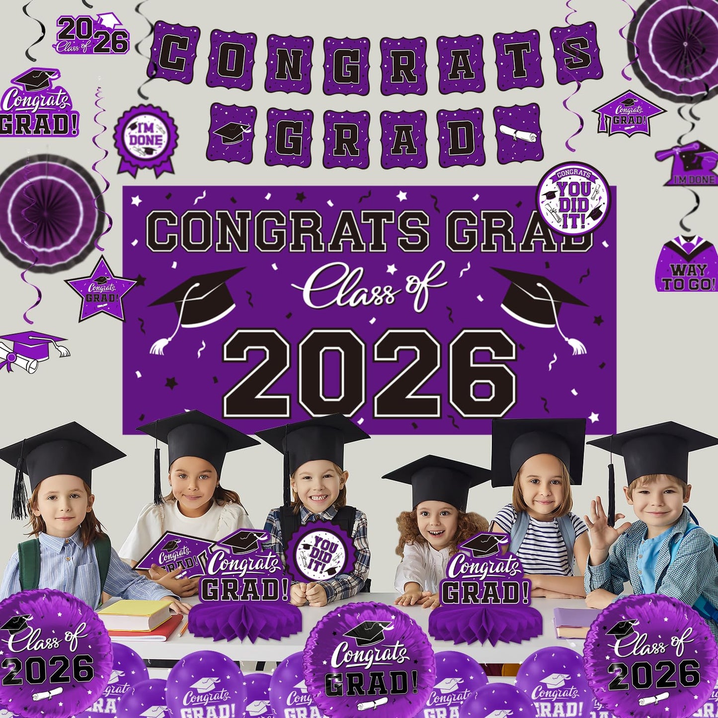 Purple Themed 2026 Graduation Decorations Set - Congrats Grad Banner, Class of 2026 Backdrop, Balloons & Streamers Kit - Complete Party Supplies for High School & College Celebrations