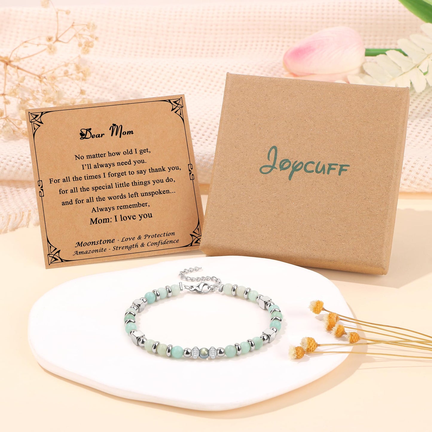 JoycuFF Mom Gifts, Mothers Day Birthday Gifts for Mom from Daughter Son, Christmas Valentines Day Ideas Present for Mother Mama Amazonite Moonstone Bracelets for Women