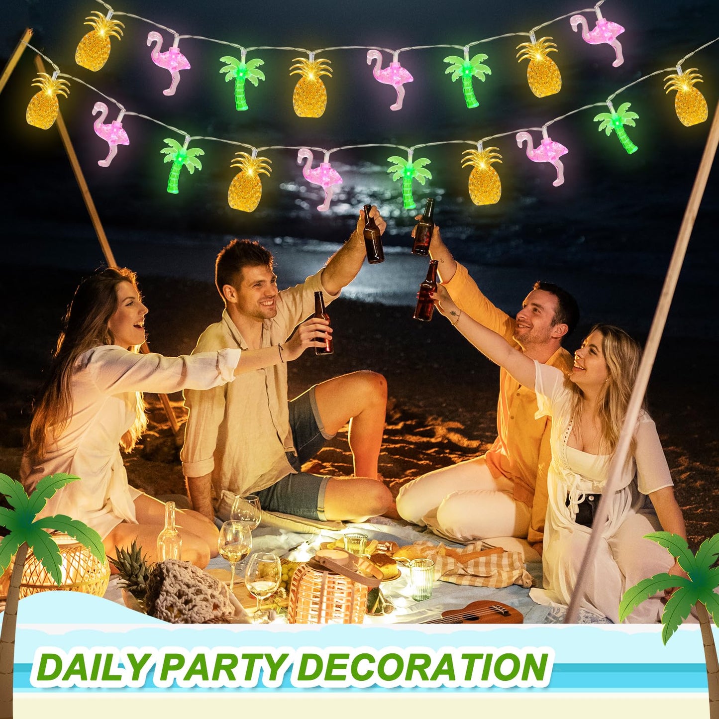 Couah 30 LED 16Ft Summer Beach Hawaiian String Lights - 8 Modes & Timer - Flamingo Pineapple Palm Tree Fairy Lights - Battery Operated for Tropical Party Pool Decorations