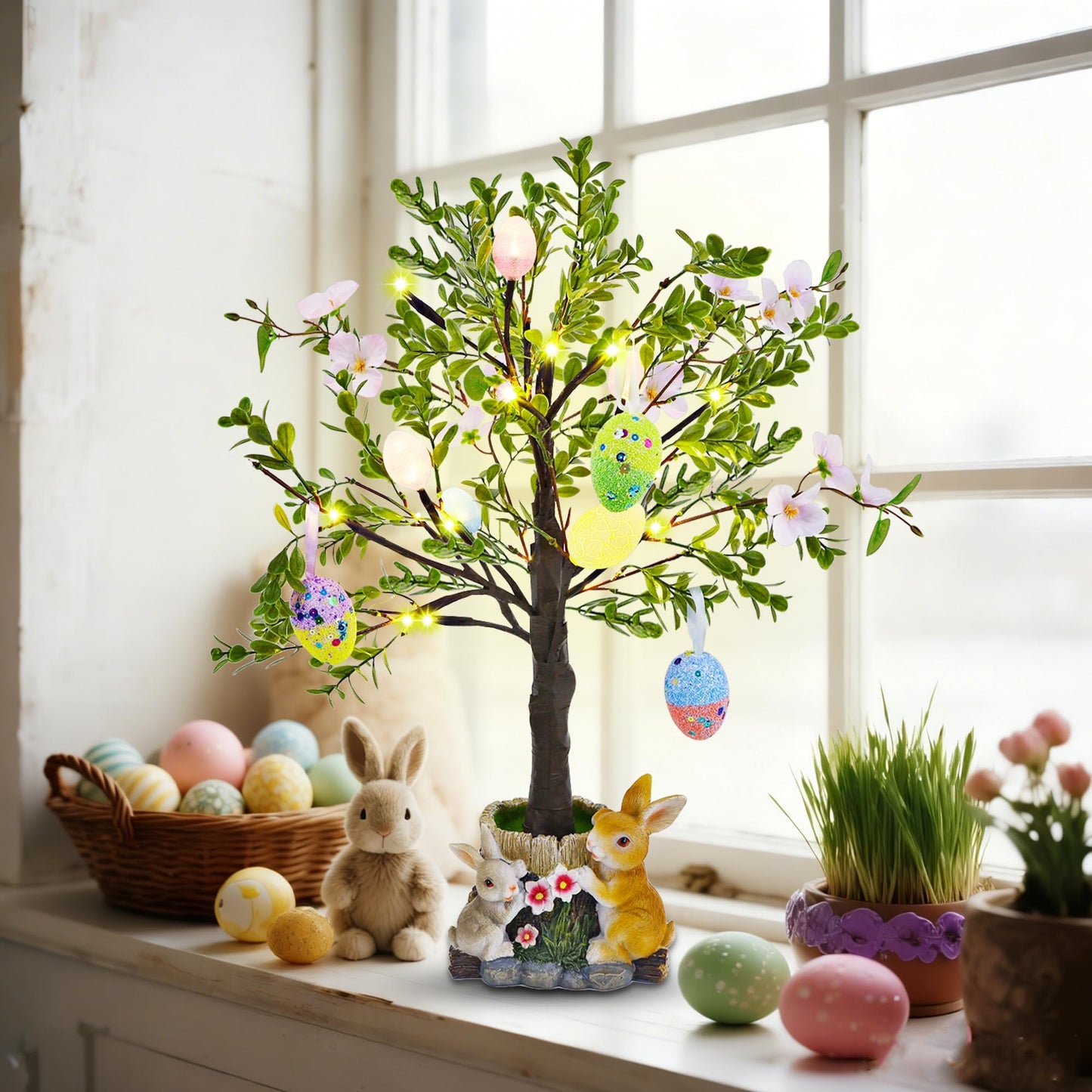 Lighted Easter Tree 23.5 Inch - Pre-Lit Easter Decorations for Table with Eggs & Bunny Pot, Spring Trees Centerpiece with Lights for Dining Room, Home, Mantel, Office Décor